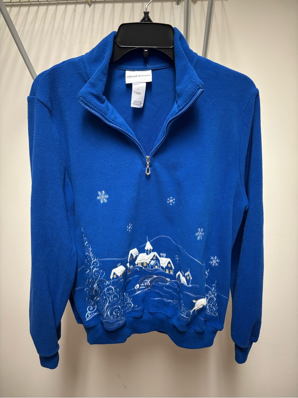 Alfred Dunner Royal Blue Half-Zip Fleece Sweater with Winter Village Embroidery